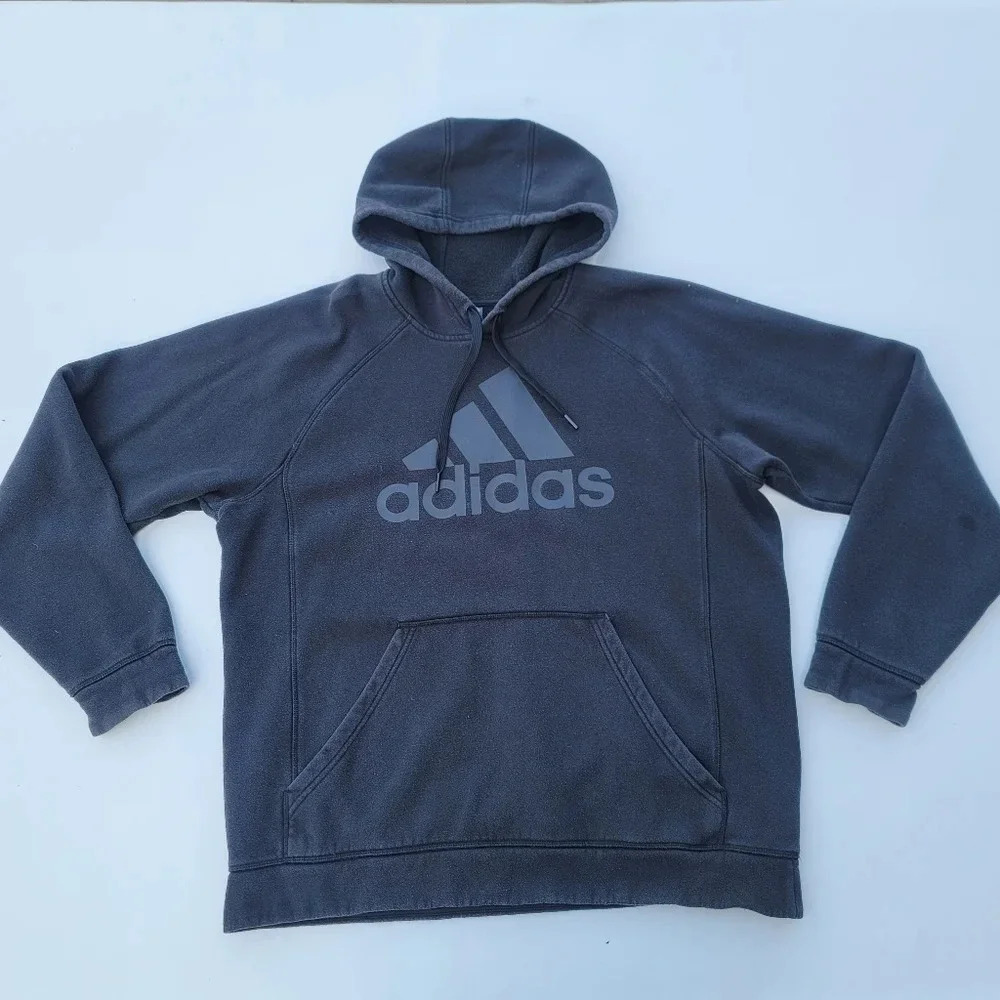 Mens Adidas Hooded Pullover Logo Hoodie Size L Black Gray Cotton Poly Blend
